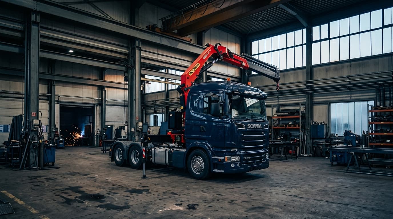 Palfinger Ladekran auf Scania-Truck im Werkshof Dorsten, Bernt GmbH Fahrzeugbau