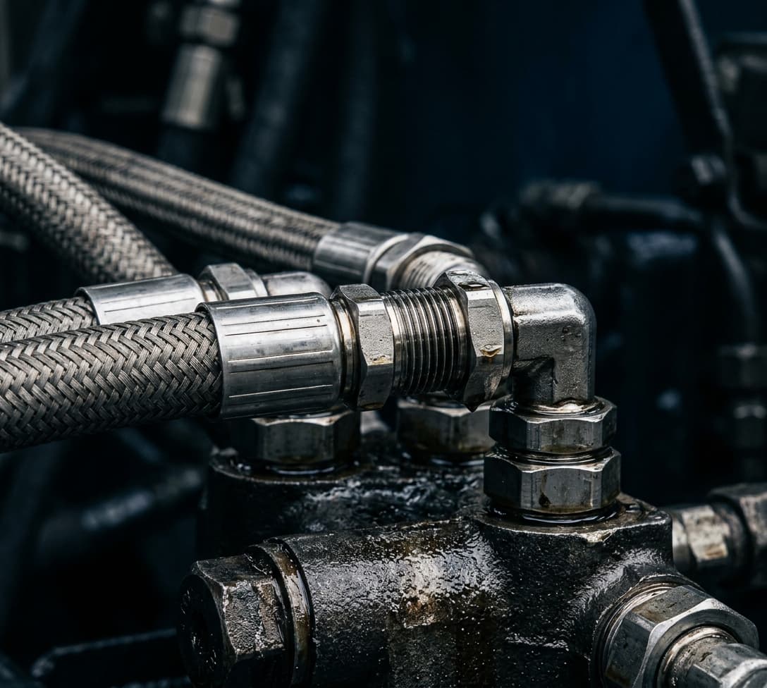 Detailaufnahme einer Hydraulikverschraubung