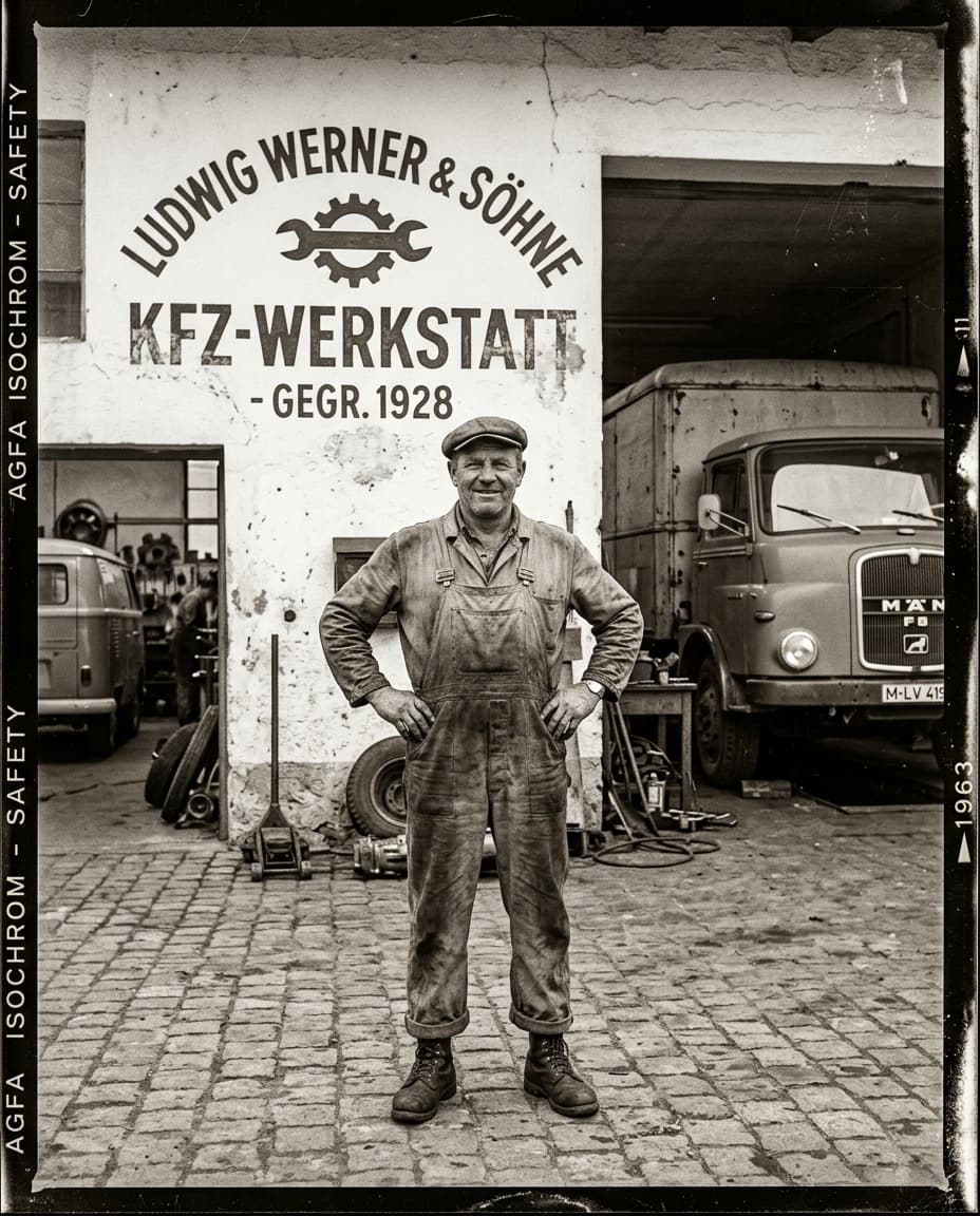 Archivfoto: Friedrich Bernt vor der Werkshalle, 1960er